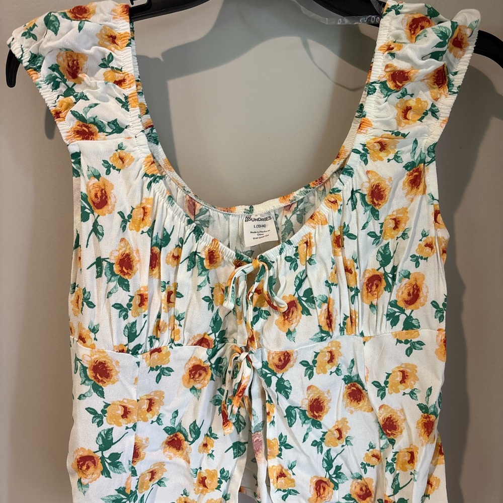 No Boundaries Floral Cap Sleeve Tie-Front Top with Yellow and Green Flowers